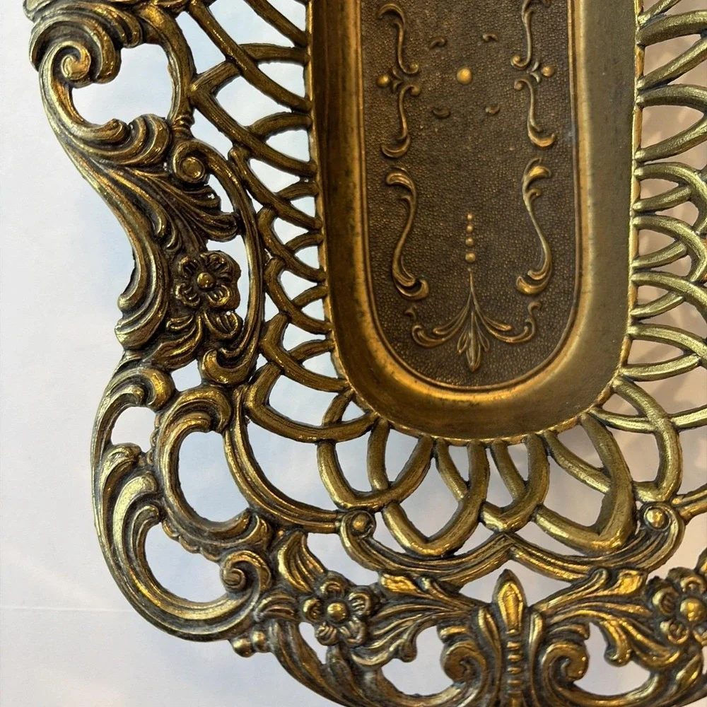 Vintage Italian Ornate Gilt Brass Pierced Footed Vanity Dresser Tray Made Italy